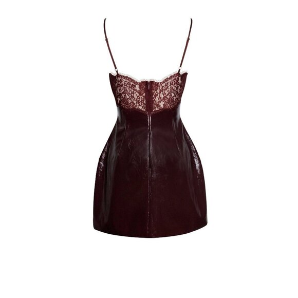 Shelby Dark Brown Vegan Leather with Lace Mini Dress - Picture 12 of 14